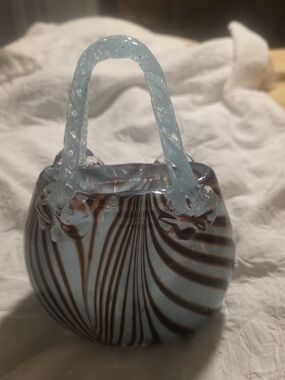 Vintage Murano Style Hand Blue and Brown Pattern Art Glass Purse/Bag Collectible